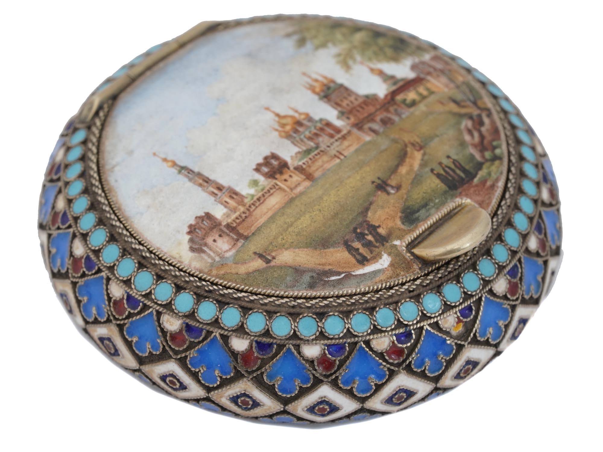 RUSSIAN HAND PAINTED SILVER AND ENAMEL TRINKET BOX PIC-0